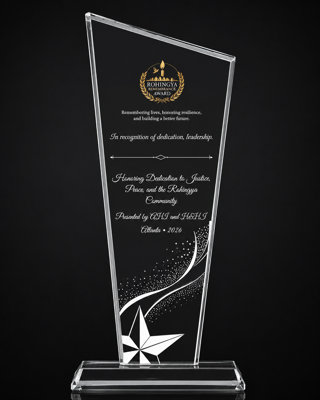 Rohingya Genocide Remembrance Day 2026 Appreciation Award — crystal trophy with gold candle